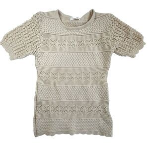 Bohme Short Sleeve Crochet Sweater Scalloped Hem Women Size Small Cream